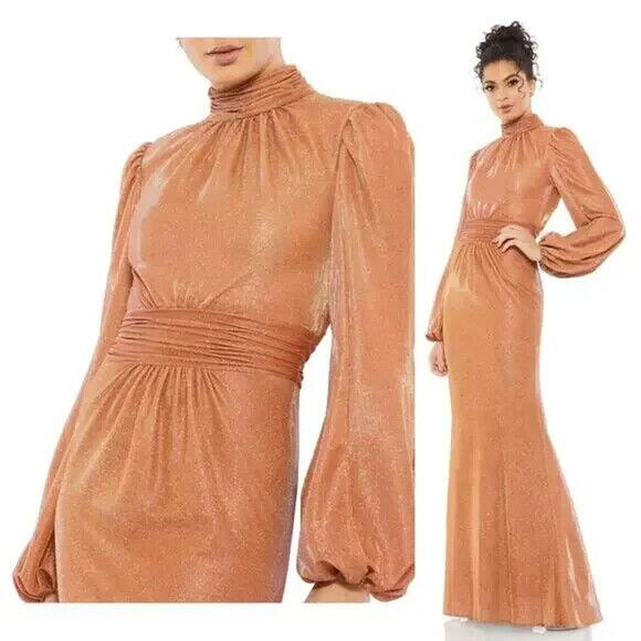 NWT Mac Duggal 11248 Draped‎ Glitter Fabric High Neck Gown 8 RUST - Picture 1 of 7
